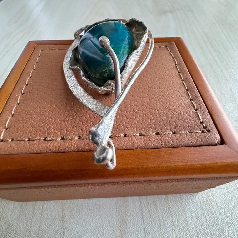 Vintage 925 Sterling Silver Chrysocolla Handmade Modernist Brooch Pin